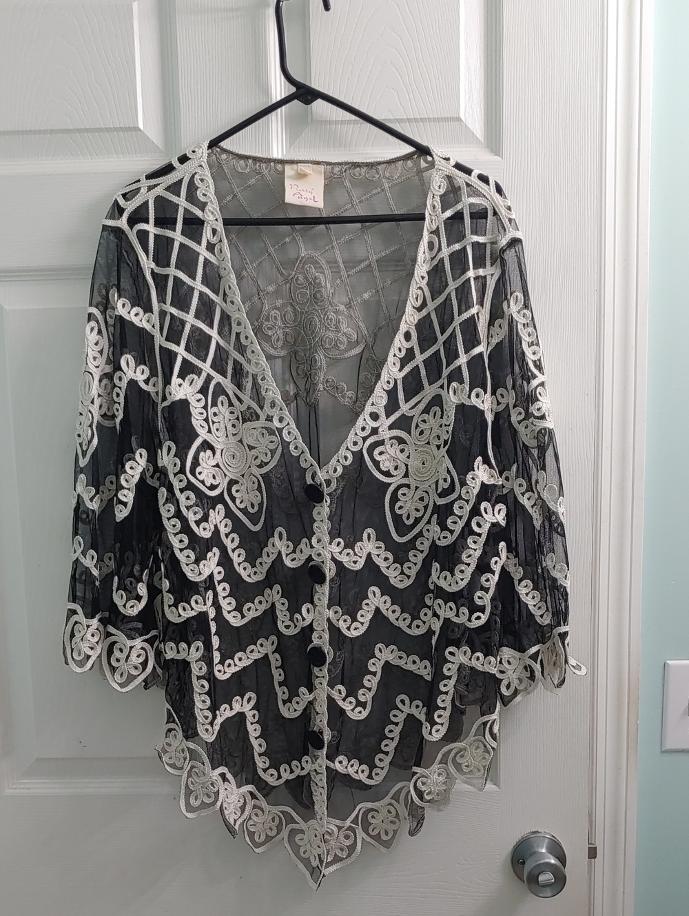 Pretty Angel Cardigan Women's L Black Silk Whimsigoth Embroidered Lace Top